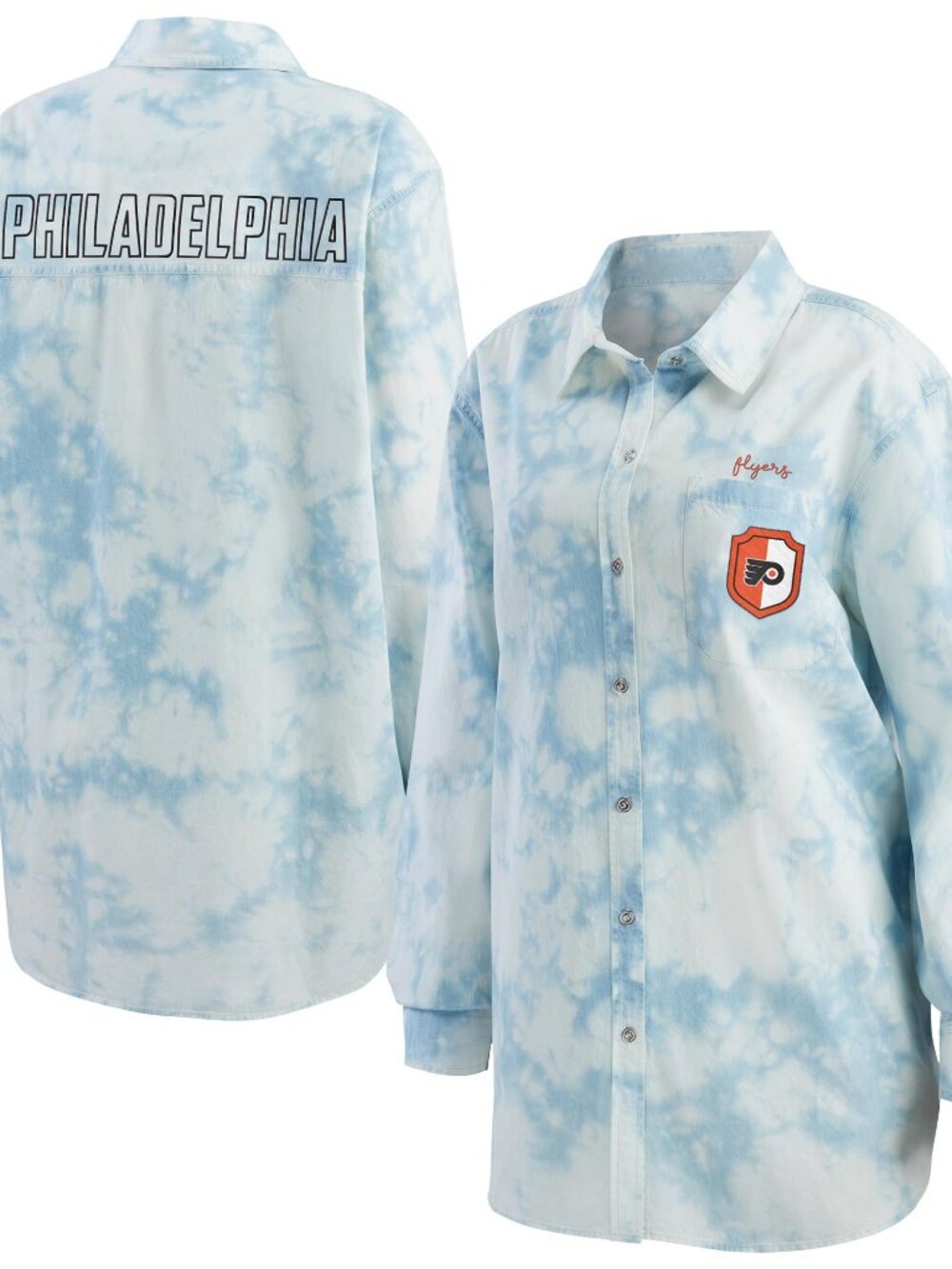PHILADELPHIA FLYERS WEAR by Erin Andrews Women's Oversized Button-Up Sz SMALL